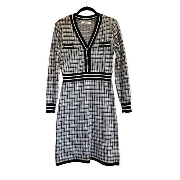 Tweed-like Knit Mini Dress | Stretchy Blue Black White, Button Detail, Medium - Picture 2 of 2